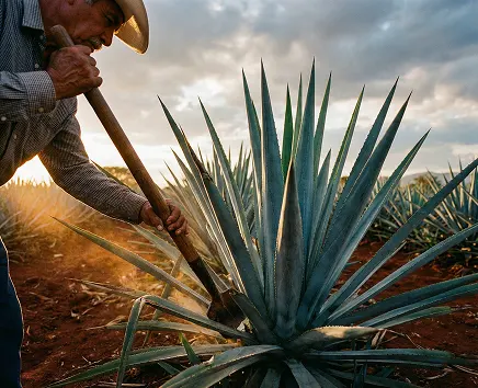 Man harvesting agave plant at sunset